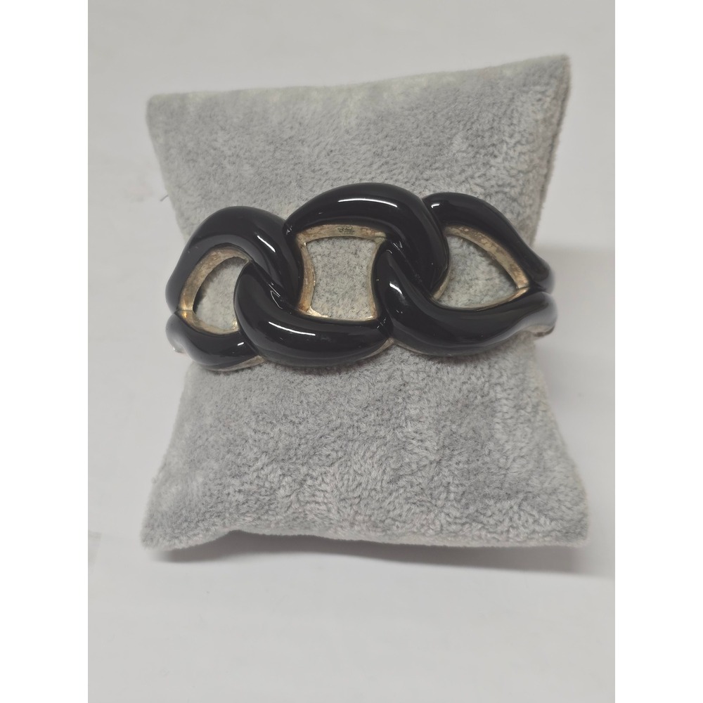 Vintage 80s Black Enamel Interlocking Link Hinged Cuff Bracelet Silver-tone